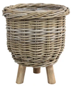 Van Der Leeden Rattan-Topf Mit Füßen, Rund, Grau, Ca. Ø34/H40 Cm