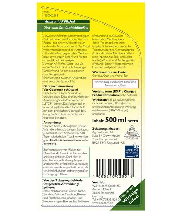 Neudorff® Armisan AF PilzFrei Obst- Und Gemüse MehltauFrei, 500 Ml 2 Neudorff® Armisan AF PilzFrei Obst- Und Gemüse MehltauFrei, 500 Ml – Bild 2